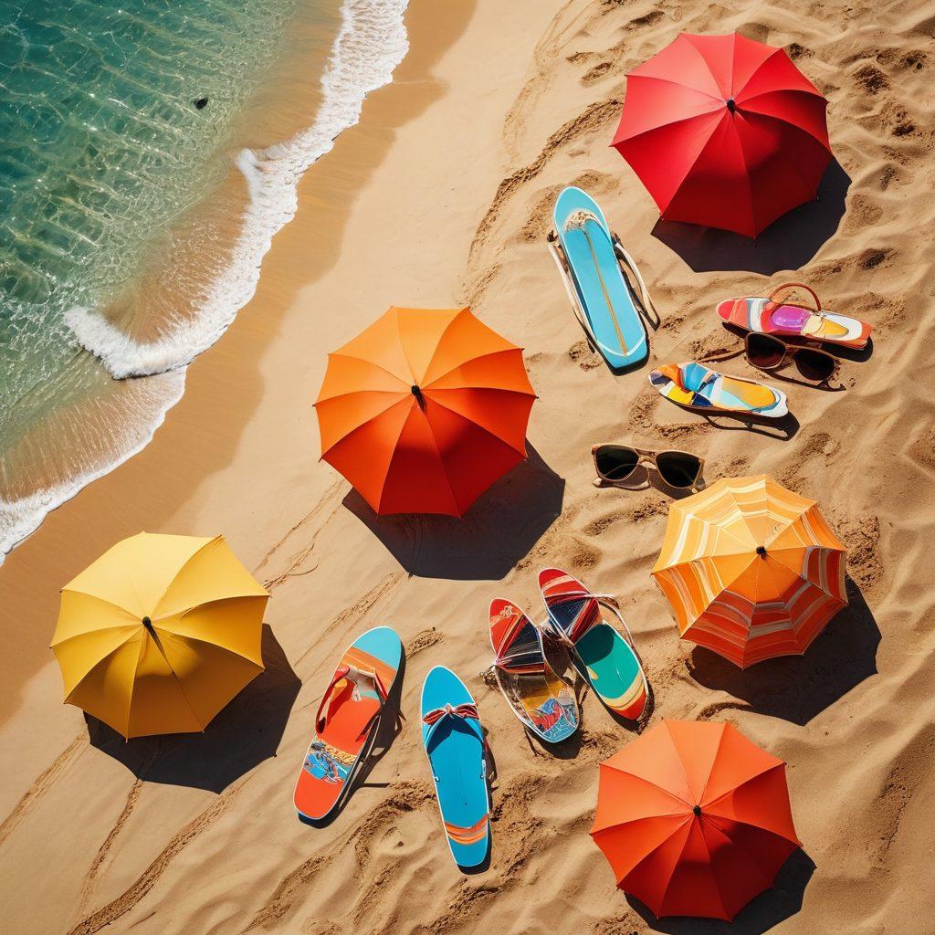 A vibrant beach scene featuring fashionable beachgoers wearing stylish swimsuits inspired by classic cinema, with vintage movie posters in the background. The sun is shining bright, and colorful beach umbrellas dot the sandy shore. Include elements such as surfboards and retro sunglasses to enhance the summer vibe. Capture the interplay between fashion and film with a touch of nostalgia. super-realistic. vibrant colors. bright sunny day.