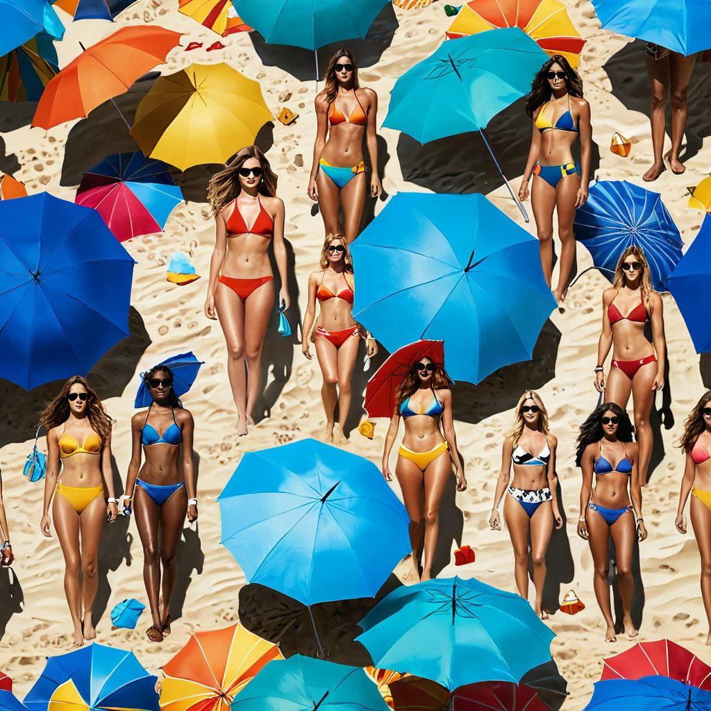 A vibrant beach scene featuring diverse models showcasing trendy swimwear styles inspired by popular blockbuster movies. Each model embodies a unique cinematic character, surrounded by colorful beach accessories like umbrellas and surfboards, with a clear blue ocean in the background. The atmosphere is lively and summery, evoking a sense of fun and fashion. super-realistic. vibrant colors. beach background.
